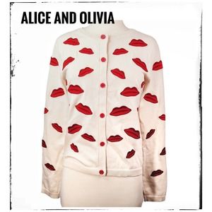 Alice + Olivia Cream Pout Lip Embroidered Cardigan Size Medium